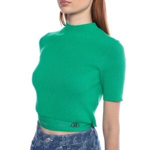 MAJE Vibrant Green Ribbed Knit Crop Length Top Faux Stretch Size 3 = Large